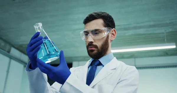 Close Caucasian Handsome Man Laboratory Scientist Glasses White Robe Looking — 스톡 사진