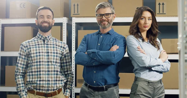 Portrait Shot Happy Smiled Male Female Post Office Workers Standing — Stock Photo, Image