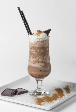 buzlu kahve beyaz bir arka plan üzerinde beyaz bir plaka üzerinde