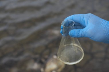 Analiz için nehirden örnek su. Bir test tüpü tutan eldiven. Ekoloji konsepti.
