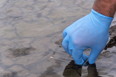 Analiz için nehirden örnek su. Bir test tüpü tutan eldiven. Ekoloji konsepti.