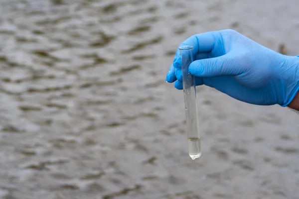 A water sample from the river. Hand in glove collects water in a test tube. ecology concept