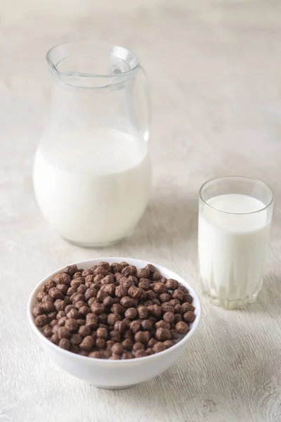 Breakfast Chocolate Balls Fresh Cows Milk Selective Focus — Stock Photo, Image