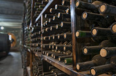 bir şarap mahzeninde ahşap bir rafta tozlu şarap şişeleri