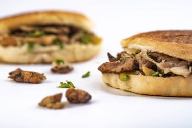 İki shawarma sandviçi, donör kebap, beyaz arka planda jiroskoplar.