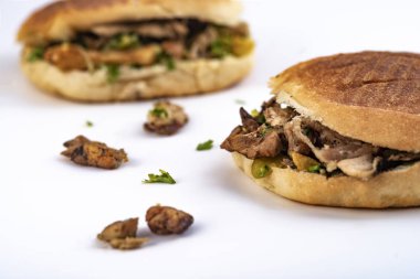 İki shawarma sandviçi, donör kebap, beyaz arka planda jiroskoplar.