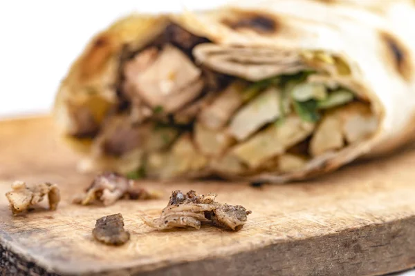 Doner Kebap Gyros Shawarma Bifteği Ahşap Masadaki Pitta Ekmekli Sandviçin — Stok fotoğraf