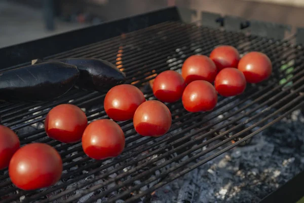 Tomaten Und Auberginen Auf Einem Grillrost — Stockfoto