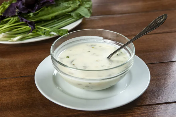 Yogurt Soup Herbs Plate Wooden Table Spas — Stock Photo, Image