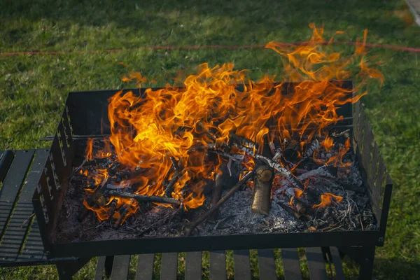 Queima Lenha Lareira Queimar Fogo Preparando Fogo Para Cozinhar Bbq — Fotografia de Stock