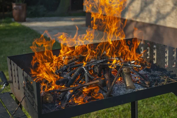 휴대용 Bbq 장작을 태우고 바베큐 나무로 바베큐 튀겼다 — 스톡 사진