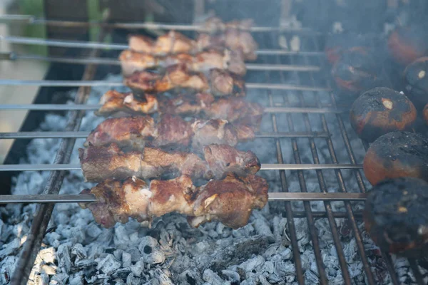好吃的肉在篝火中煎 在周末烧烤时煎 — 图库照片