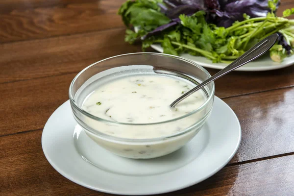 Yogurt Soup Herbs Plate Wooden Table Spas — Stock Photo, Image