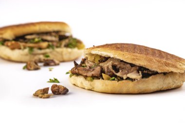 İki shawarma sandviçi, donör kebap, beyaz arka planda jiroskoplar.