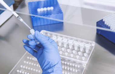 Bir laboratuvar teknisyeninin ellerinde bir tüp kan örneği ve diğer numunelerle dolu bir raf var. Üzerinde çalışmak için kan tüpü örneği tutan laboratuvar teknisyeni. Corona virüsü salgını konsepti. Coronavirus aşısı gelişimi.