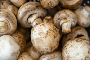 Beyaz ahşap arka planda demir bir kasede çiğ mantar.