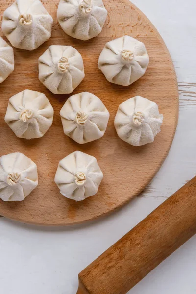 Raw Frozen Khinkali Kitchen Process Preparing Khinkali Closeup — Stock Photo, Image