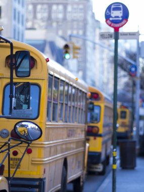 New York 'ta sarı Okul otobüslerin sütunu