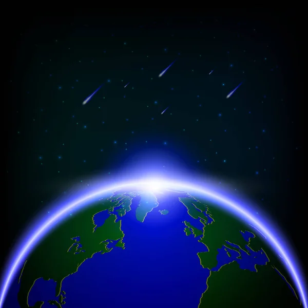 Galaxy Global iluminado y lluvias de meteoros, ilustración vectorial — Vector de stock