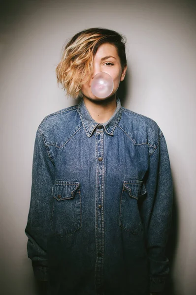 woman wearing denim shirt