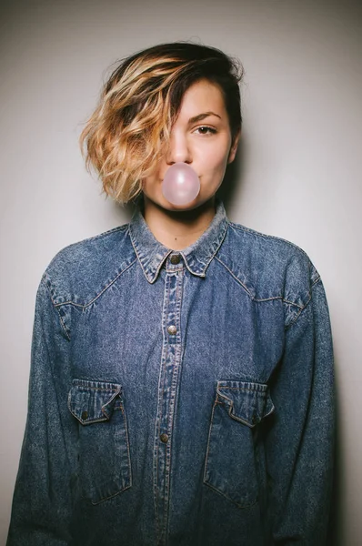 woman wearing denim shirt