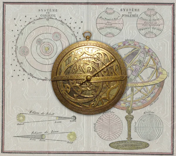 Средневековая астролябия и армиллерийский фон — стоковое фото
