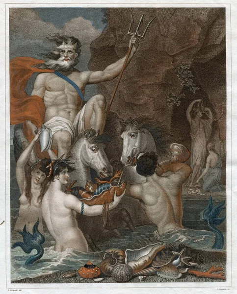 Vintage Art 1805: Neptune of Poseidon gebouwd voor een Chama Shell, getrokken door zee-paarden. Een Meerman blazen van de trompet Conch. — Stockfoto