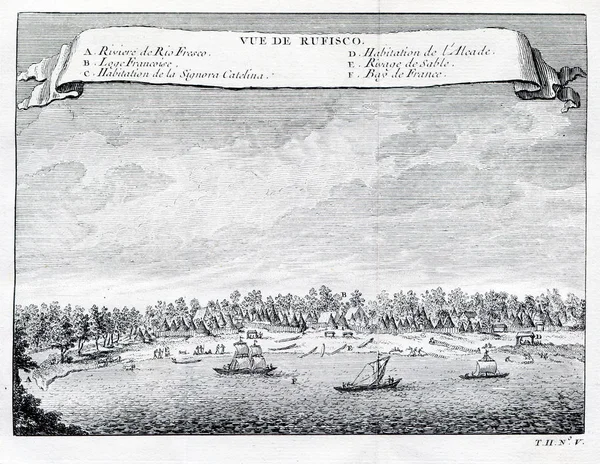 Veduta di Refisco e del fiume Rufisco, Costa d'Avorio, Africa. 1753 — Foto Stock