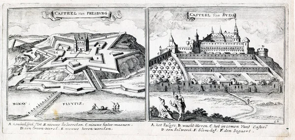 Antik sanat büyük Türk savaş 1689: Kale Presburg(now Bratislava, the capital of Slovakia) ve Buda Castle (şimdi Budapeşte Macaristan)