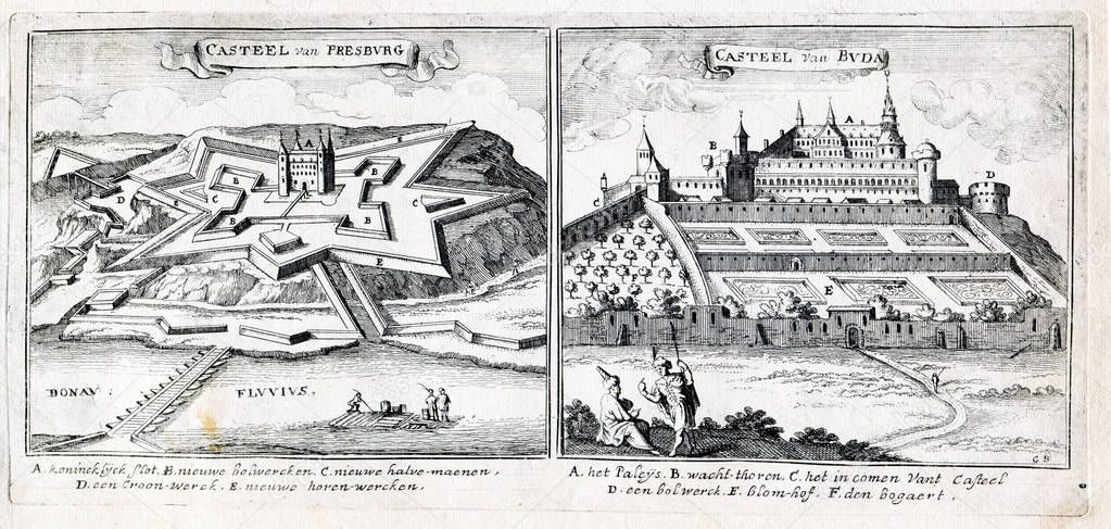 Ancient Art  Great Turkish War 1689: Castle of Presburg(now Bratislava, the capital of Slovakia )  and Castle of Buda (now Budapest in  Hungary)