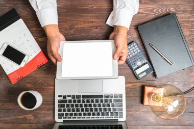 Ofis Masası, dizüstü bilgisayar, el, caculator