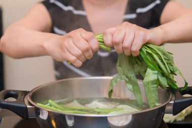 Kadın sebze kabın içine koyar. Sağlıklı gıda p anlayışı