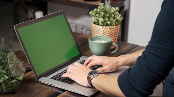 Die Person am Tisch surft auf einem grünen Laptop-Bildschirm im Internet. in einer gut beleuchteten, gemütlichen Wohnung. ein Mann arbeitet in — Stockvideo