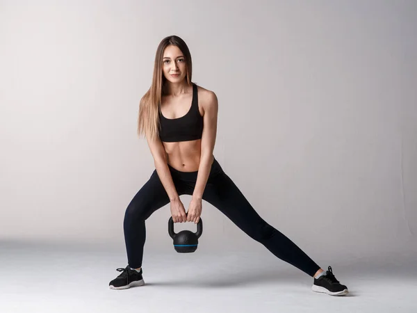 Athletic Woman Kettlebell Doing Lunges Photo Latin Woman Silhouette Isolated — Stock Photo, Image