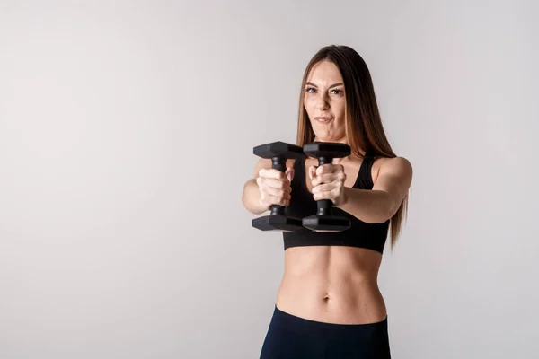 Chica Musculosa Fuerte Haciendo Ejercicio Con Pesas Foto Chica Deportiva —  Fotos de Stock