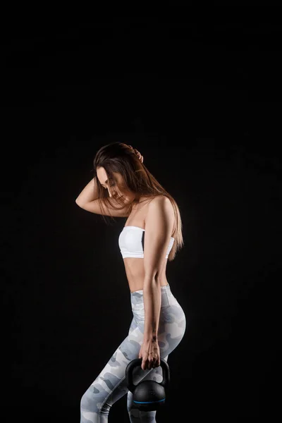 Fitness Exercise Woman Holding Kettlebell Strength Training Biceps Beautiful Sweaty — Stock Photo, Image
