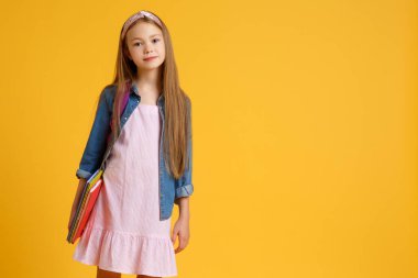 Kafkasyalı mutlu bir kızın kitaplı portresi. Uzun kızıl saçlı, güzel, pozitif kız kitabına sarılıyor, kameraya bak. Okula hazırlanıyor. izole edilmiş sarı arkaplan