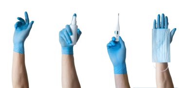 Düz Coronavirus koruması, tıbbi koruyucu maskeler, eldivenler, el dezenfekte şişeleri, antiseptik, dezenfeksiyon, beyaz zemin üzerine sprey, kopyalama alanı