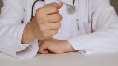 Haplar yavaş çekimde üstüne dökülür. Doktor masadaki hapları yiyor. yakın plan.