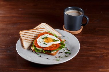 Jambonlu sandviç kulübü, pastırma, domates dolması, salatalık turşusu, kızarmış yumurta, peynir, sos ve salata. Sandviç iki üçgene bölünmüş. Yakın plan. Koyu arkaplan.