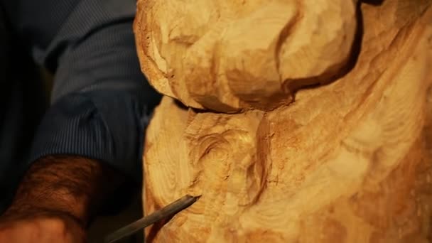 Скульптор, що працює з дерев'яною статуєю та різьбленням по дереву — стокове відео