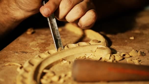 Wood carving mistrza utworów - bliska filmowania — Wideo stockowe