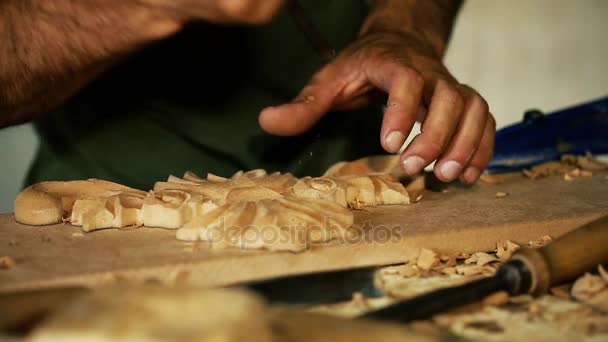 Wood carving master works - närbild video skjutning — Stockvideo