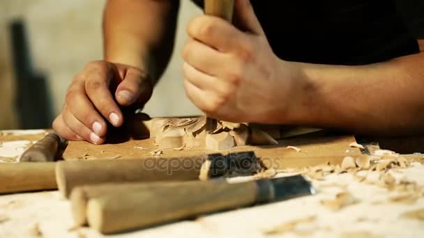 Madeira escultura mestre obras - close up vídeo tiro — Vídeo de Stock