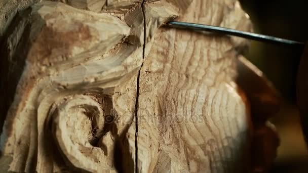 Beeldhouwer werken met houten standbeeld en carving hout — Stockvideo