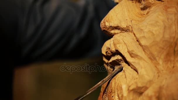 Beeldhouwer werken met houten standbeeld en carving hout — Stockvideo