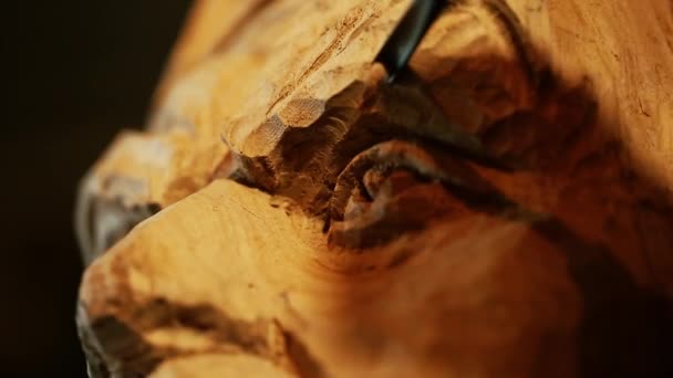 Beeldhouwer werken met houten standbeeld en carving hout — Stockvideo