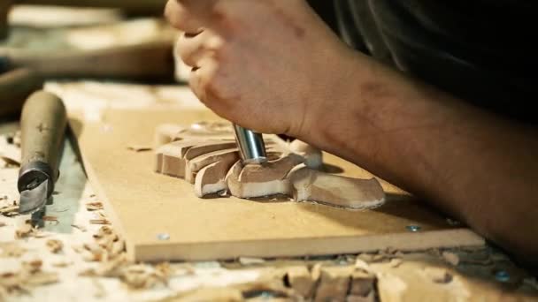 Œuvres maîtresses de sculpture sur bois - prise de vue vidéo en gros plan — Video