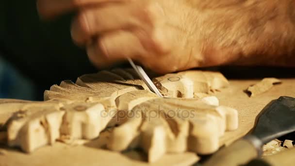 Trabajos de tallado en madera maestro - primer plano de grabación de vídeo — Vídeo de stock