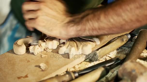 Wood carving master works - close up video shooting — Stock Video